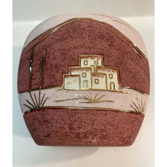 Southwest Native American Style Pottery Vase Enamel Gold Accents Inlay Veining - Picture 2 of 10